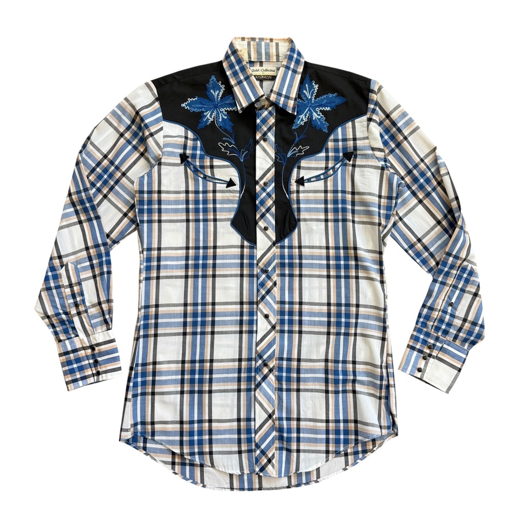 Vintage Karman Gold Collection Mens‎ Western Shirt Plaid Embroidered Blue Medium